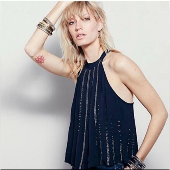 Free People Black Shimmer and Shine Beaded Racerback Tank Top Blouse. Large - Picture 1 of 2